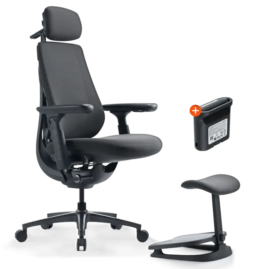 purribox Dynamic Ergonomic Chair in Black with battery pack and footrest stool
